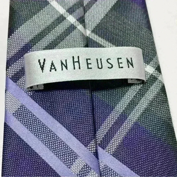 Mens Van Heusen Poly Viscose Tie Purple Gray White Stripes Plaid Necktie Skinny - Picture 3 of 5
